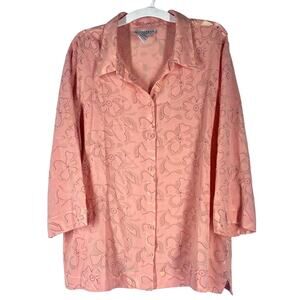 Sag Harbor Womens Top Size 2XL Peach Burnout Floral Button Up 3/4 Sleeves Shirt